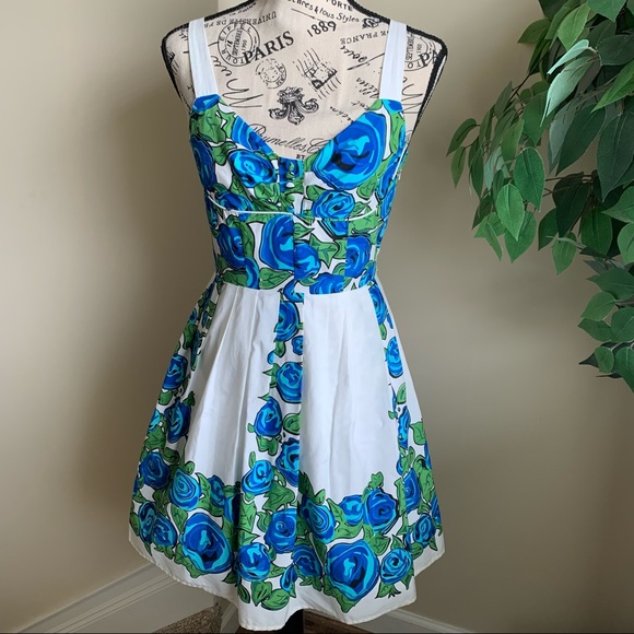 Guess Vintage Rose Cotton Fit & Flare Sundress Blue Sz 2 - Picture 1 of 14